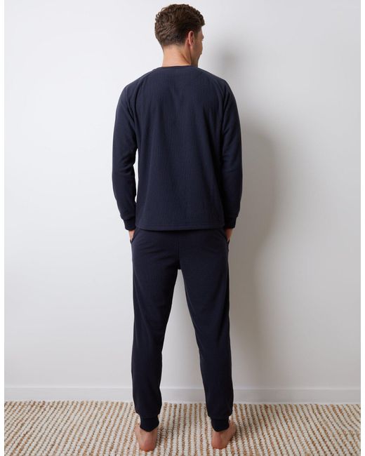 Threadbare Blue Waffle Textured Fleece Loungewear Set for men