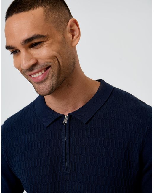 Threadbare Blue Textured Knit Quarter Zip Polo for men