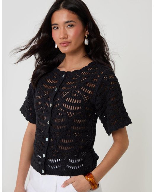 Threadbare Black Pure Cotton Crochet Style Button Up Top