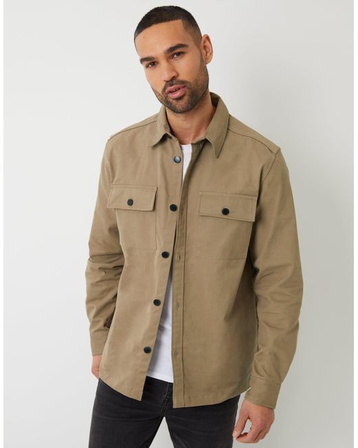 Threadbare Natural Relaxed Fit Cotton Twill Button Up Shacket for men