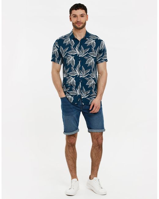 Threadbare Blue Leaf Print Short Sleeve Shirt for men