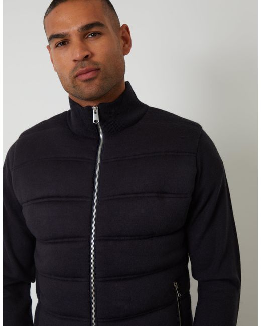 Threadbare Blue Quilted Zip Up Knitted Jacket for men