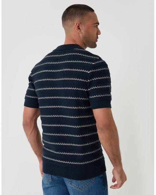 Threadbare Blue Textured Knitted Trophy Neck Polo for men