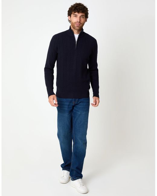 Threadbare Blue Cable Knit Quarter Zip Jumper for men
