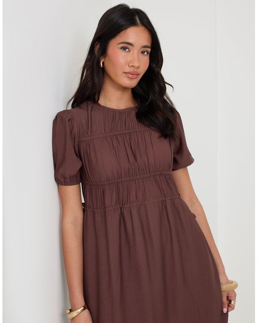 Threadbare Brown Ruched Drawstring Puff Sleeve Midi Dress