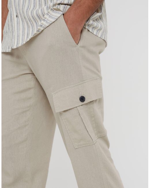 Threadbare Natural Linen Blend Cargo Trousers for men