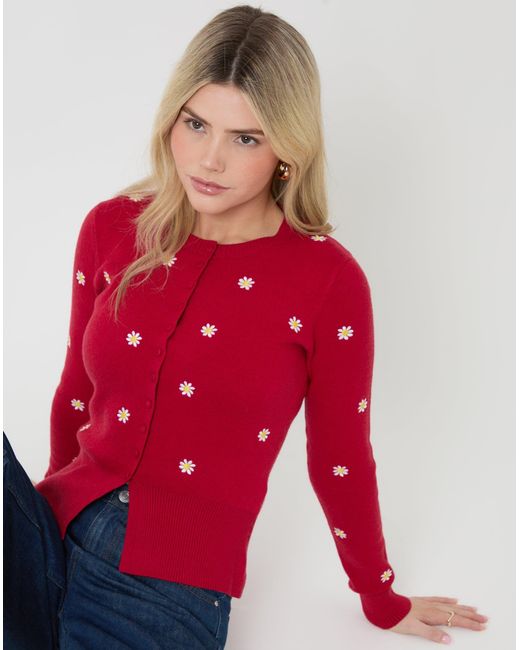 Threadbare Daisy Embroidered Crew Neck Knitted Cardigan