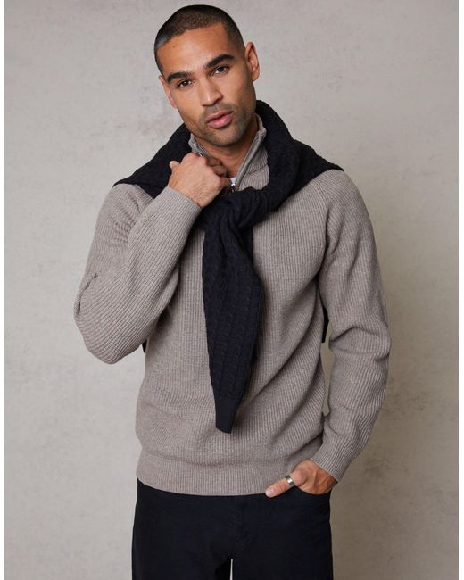 Threadbare Brown Rib Panel Quarter Zip Knitted Jumper for men