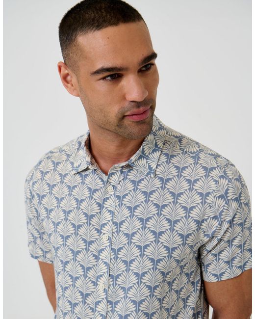 Threadbare Blue Linear Leaf Print Short Sleeve Shirt for men