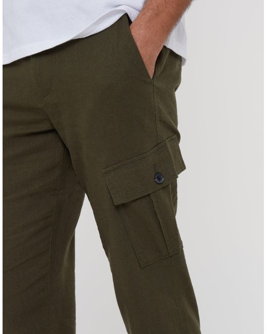 Threadbare Green Linen Blend Cargo Trousers for men