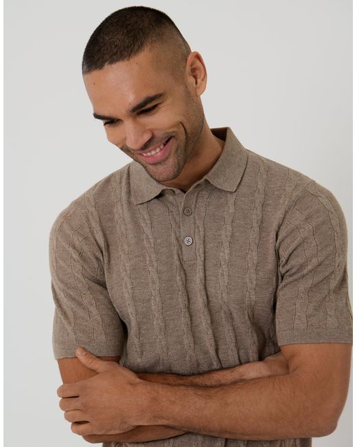 Threadbare Brown Cable Stripe Knitted Button Polo for men