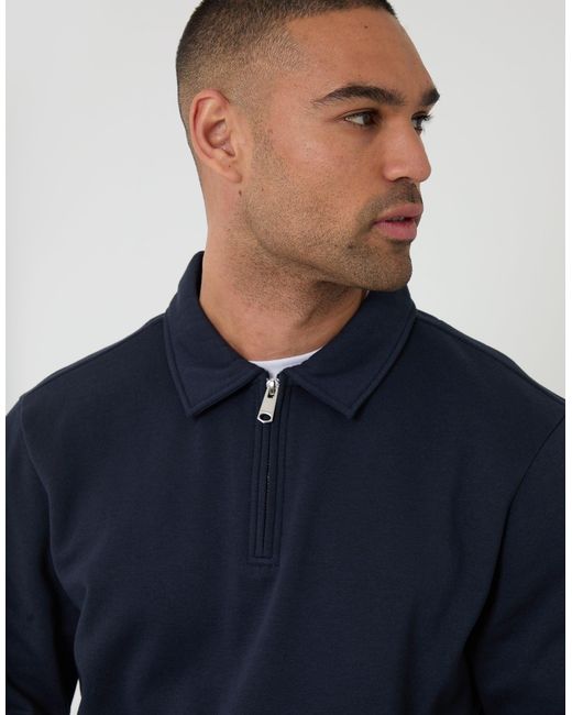 Threadbare Blue Quarter Zip Long Sleeve Polo Sweatshirt for men