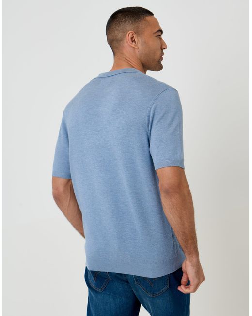 Threadbare Blue Textured Knit Front Trophy Neck Polo for men