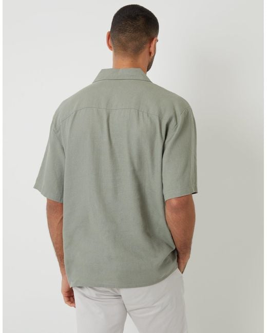 Threadbare Green Relaxed Fit Linen Blend Revere Collar Short Sleeve Shirt for men