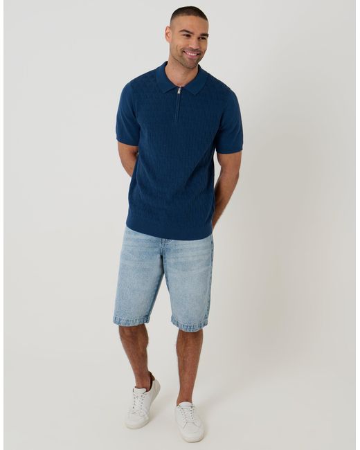 Threadbare Blue Diamond Cable Knit Quarter Zip Polo for men
