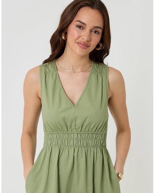 Threadbare Green Ruched Waist Denim Midi Dress