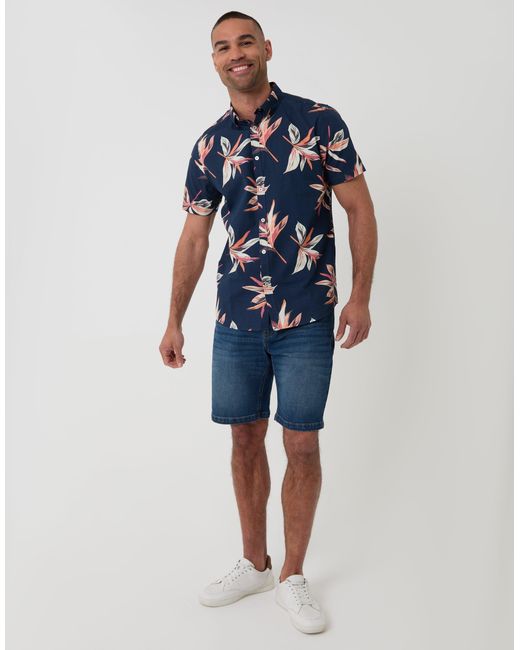 Threadbare Blue Tropical Leaf Print Cotton Short Sleeve Shirt for men