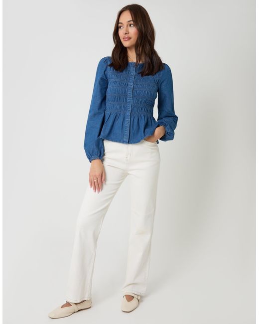 Threadbare Blue Denim Shirred Smock Blouse