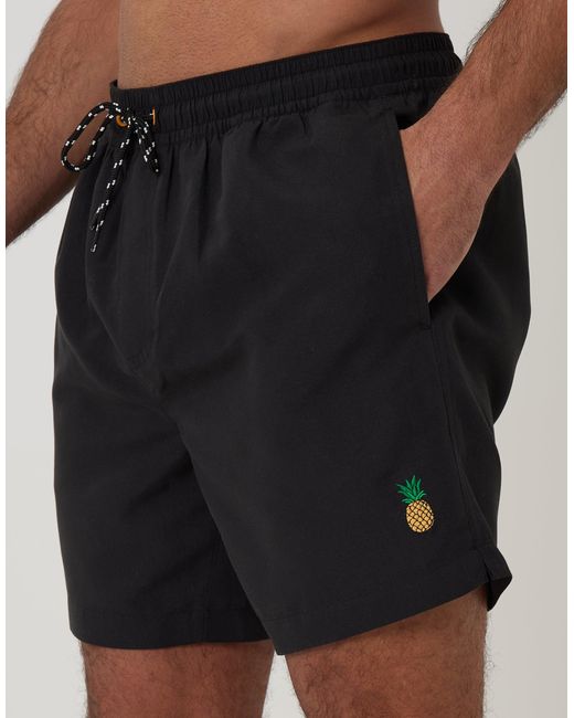 Threadbare Black Pineapple Embroidered Quick Dry Swim Shorts for men