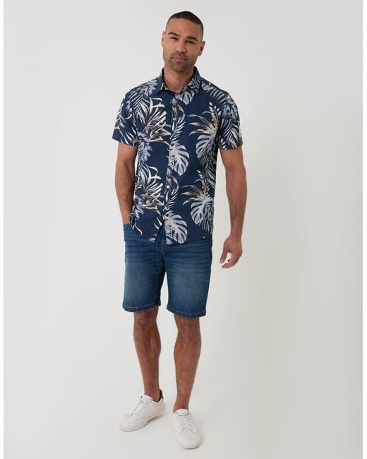 Threadbare Blue Leaf Print Cotton Poplin Short Sleeve Shirt for men