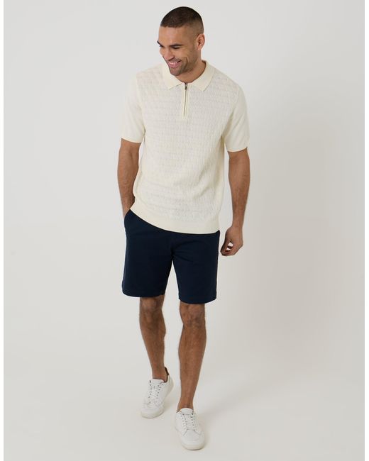Threadbare White Diamond Cable Knit Quarter Zip Polo for men