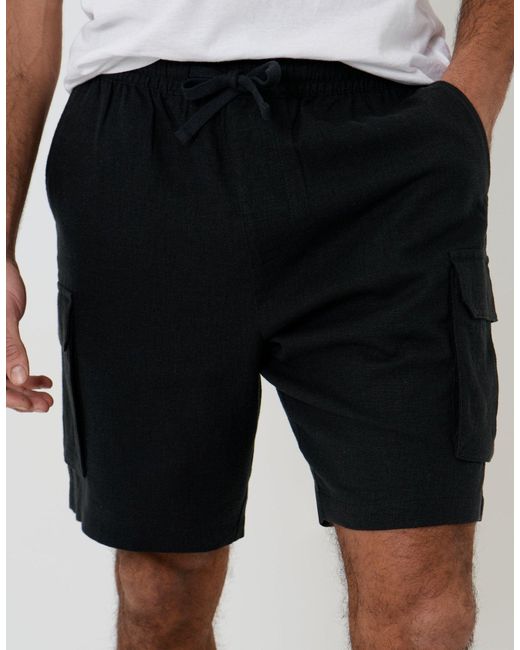 Threadbare Black Linen Blend Cargo Shorts for men