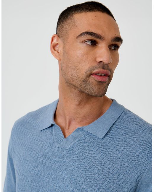 Threadbare Blue Textured Knit Front Trophy Neck Polo for men