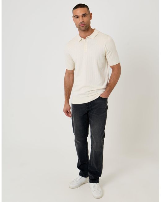 Threadbare White Zig Zag Stitch Knitted Polo for men