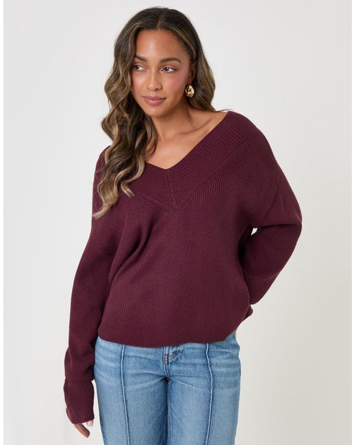 Threadbare Purple The Everyday Deep Rib V-Neck Jumper