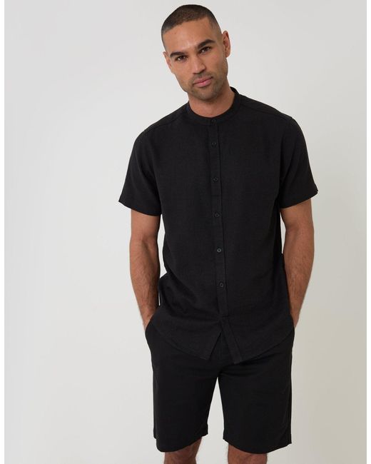 Threadbare Black Grandad Collar Linen Blend Short Sleeve Shirt for men