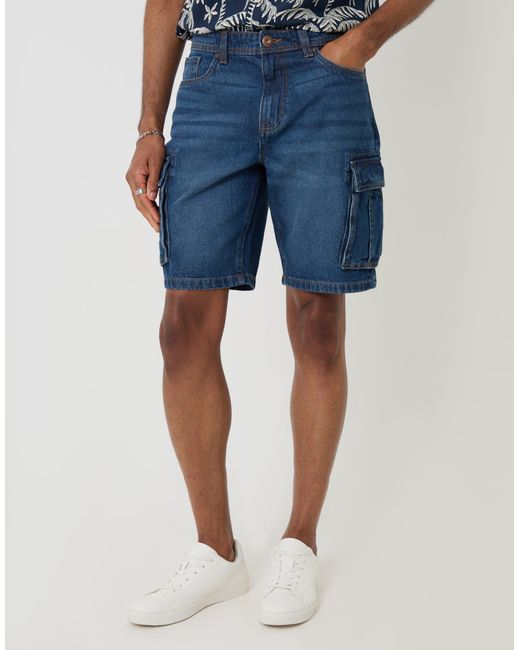 Threadbare Blue Regular Fit Denim Cargo Shorts for men