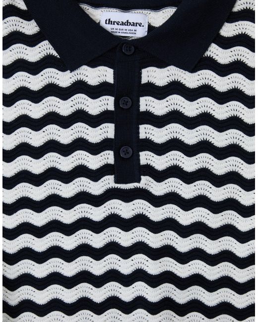 Threadbare Blue Wavy Textured Knitted Polo for men