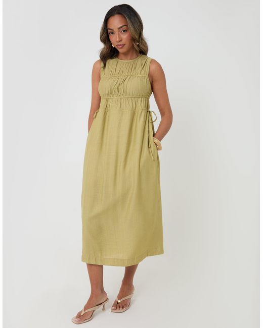 Threadbare Green Ruched Drawstring Midi Dress
