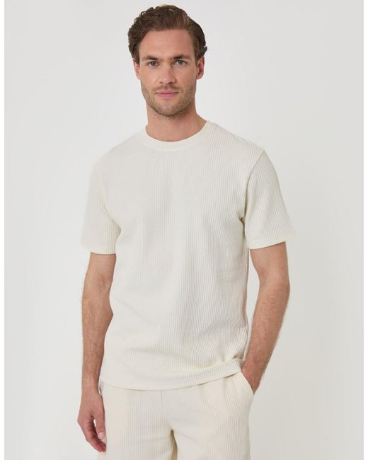 Threadbare White Textured Rib Cotton Crew Neck T-Shirt for men
