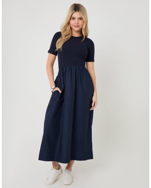 Threadbare Blue 2-In-1 Jersey Poplin Mix Crew Neck Midi Dress