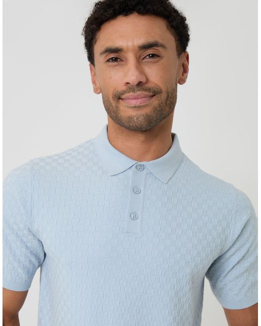 Threadbare Blue Basket Stitch Knitted Polo for men