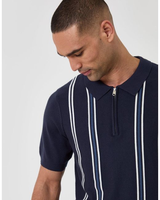 Threadbare Blue Quarter Zip Knitted Polo for men