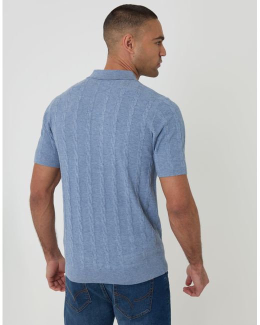 Threadbare Blue Cable Stripe Knitted Button Polo for men