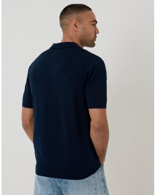 Threadbare Blue Knitted Trophy Neck Polo for men