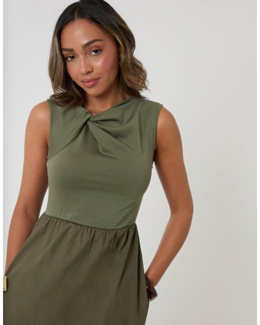 Threadbare Green Twist Detail 2-In-1 Midi Dress With Poplin Skirt
