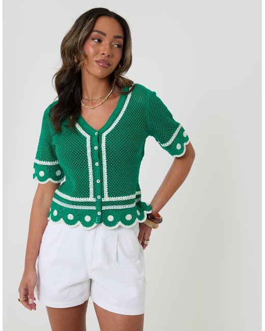 Threadbare Green Crochet Flower Hem Button Up Top
