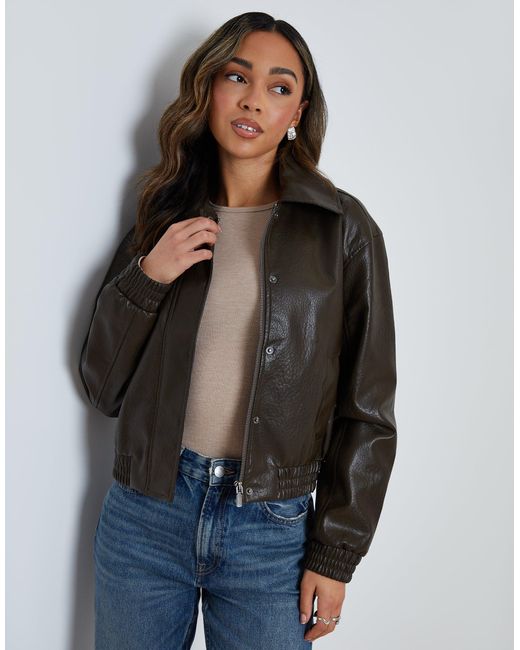 Threadbare Blue Faux Leather Bomber Jacket With Collar