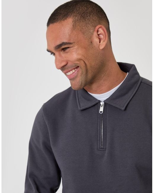 Threadbare Blue Cotton Rich Quarter Zip Polo Sweatshirt for men