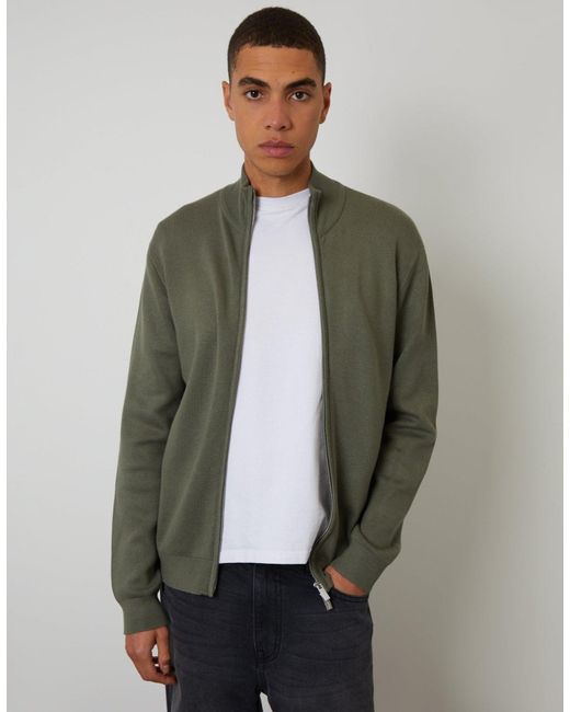 Threadbare Green Zip-Through Funnel Neck Knitted Cardigan for men