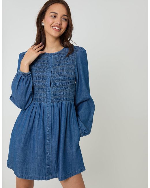 Threadbare Blue Shirred Denim Button Up Mini Dress