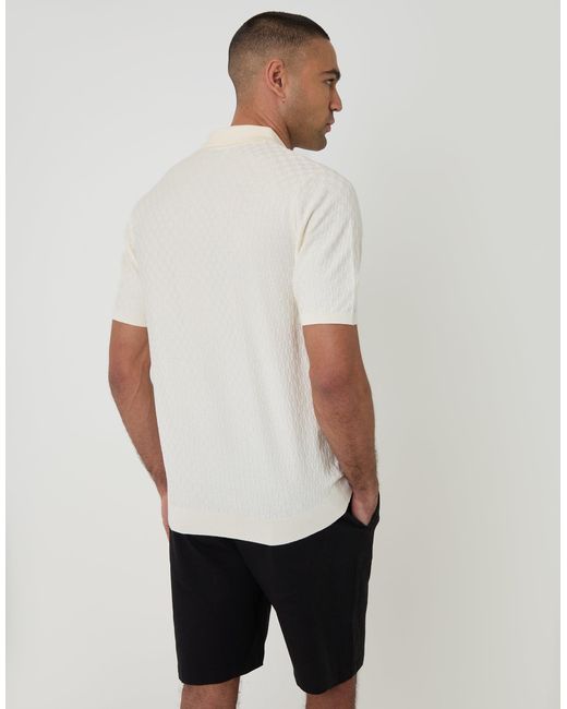 Threadbare White Basket Stitch Knitted Polo for men