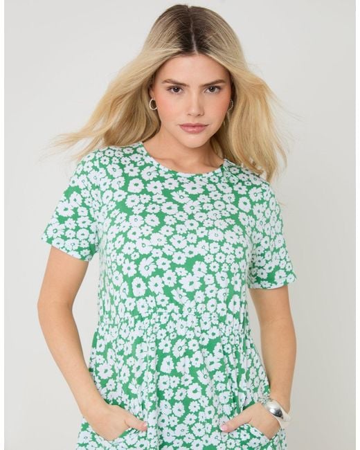 Threadbare Green Pure Cotton Midi Smock Dress With Pockets