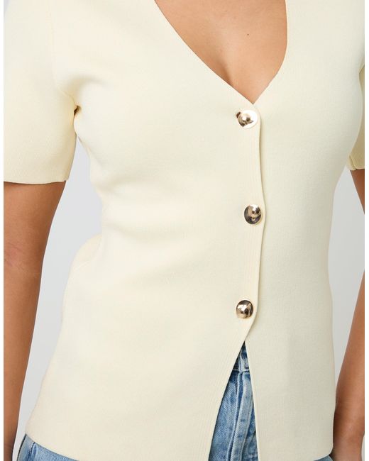 Threadbare Natural V-Neck Compact Knitted Top