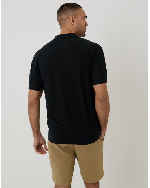 Threadbare Black Basket Stitch Knitted Polo for men