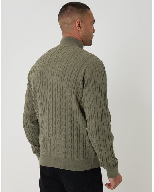 Threadbare Green Cable Knit Quarter Zip Jumper for men
